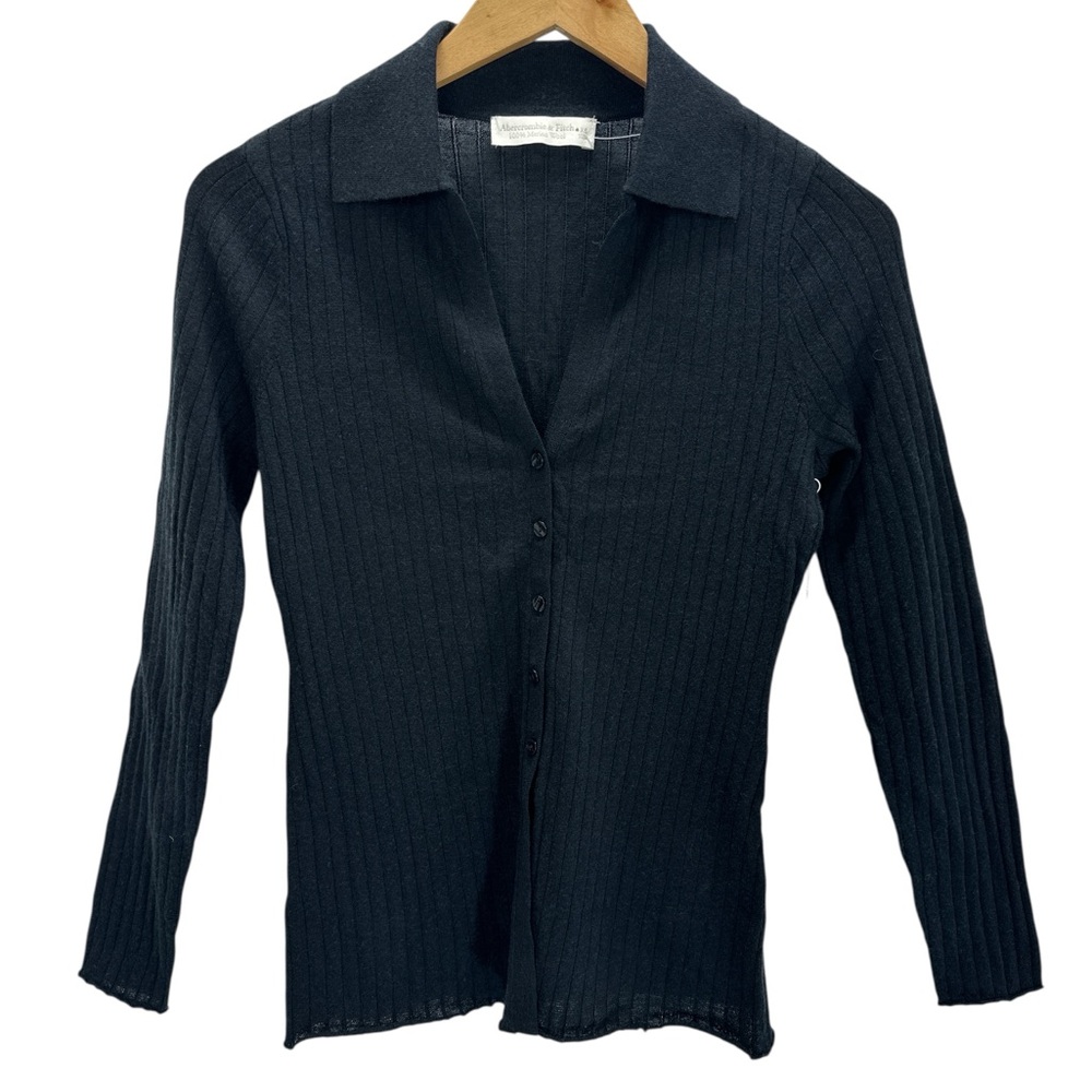 Abercrombie & Fitch Black Merino Wool Ribbed Polo Top Preppy Quiet Luxury XS